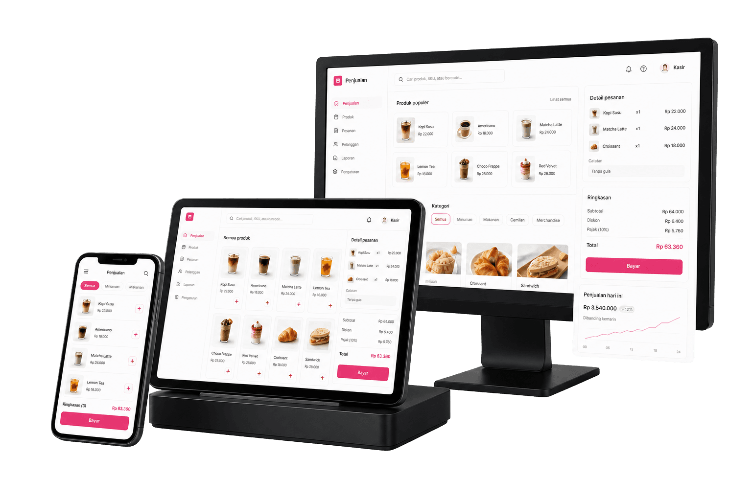 Tampilan aplikasi kasir Kasair POS di monitor, tablet, dan smartphone