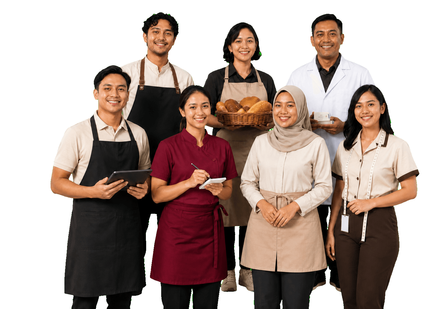 Tujuh staf kasir Indonesia yang beragam dari berbagai jenis toko dan outlet pengguna Kasair POS